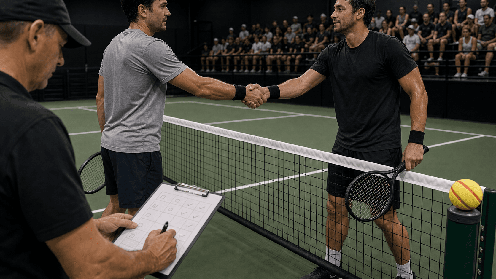 Two TYPTI players shake hands after a match while the result is recorded.