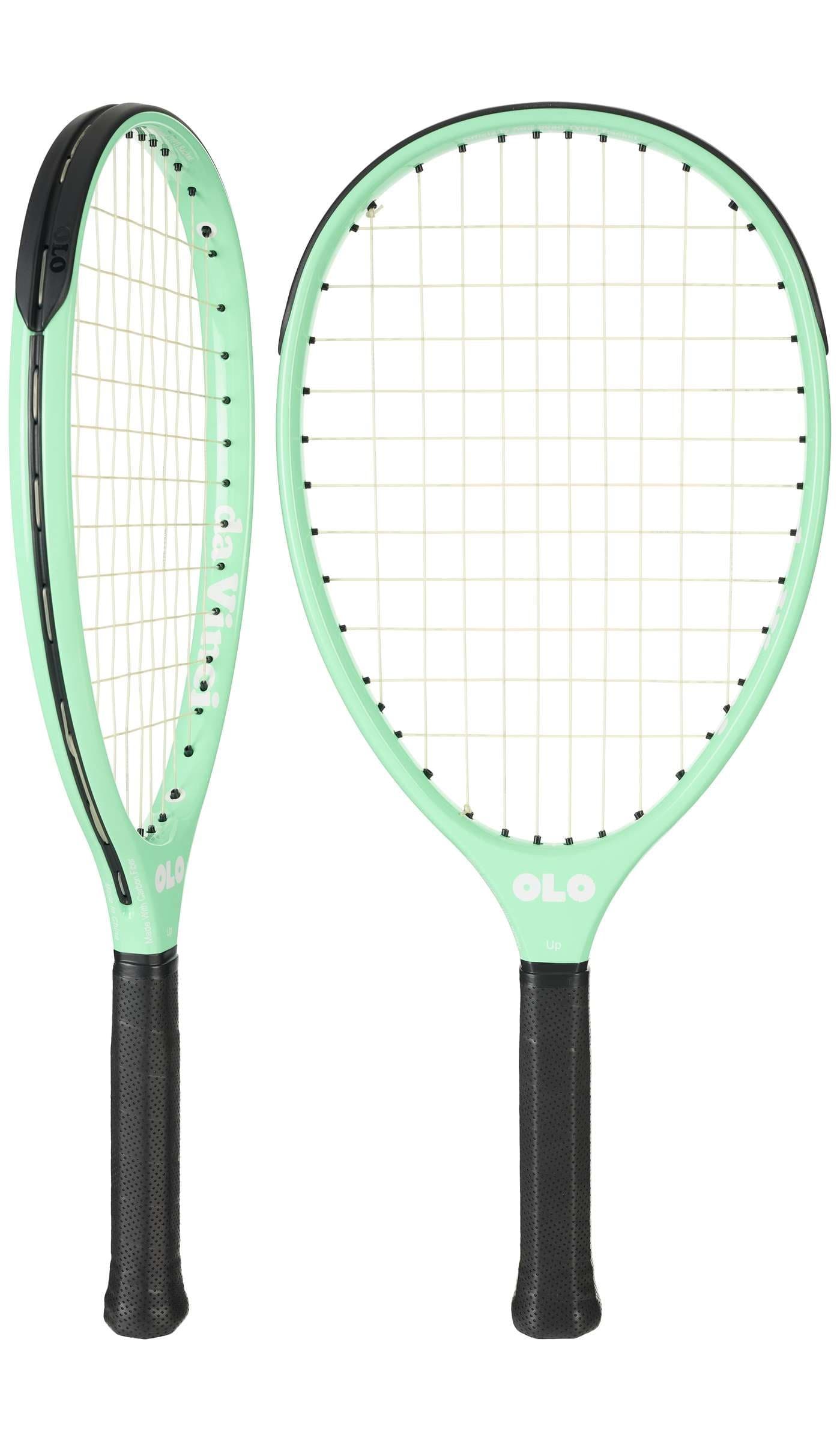 OLO da Vinci Green TYPTI racquet — a short 22-inch strung carbon-fiber racket shown side-on and face-on.