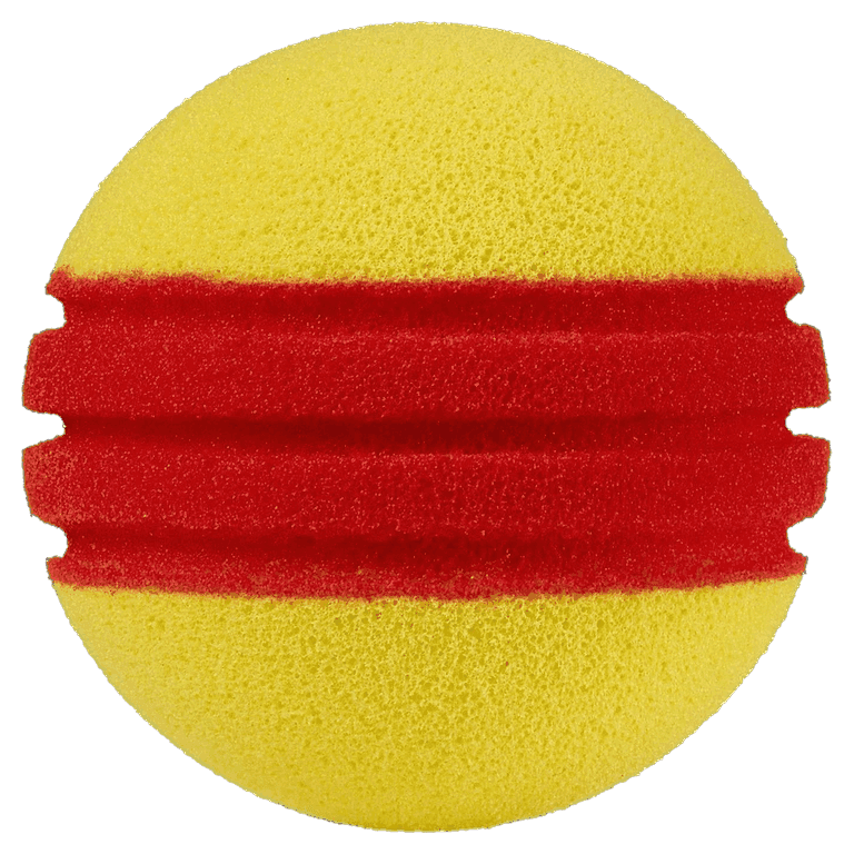 The official TYPTI ball — an 8.9 cm yellow foam ball with a wide red centre channel cut by two recessed grooves.