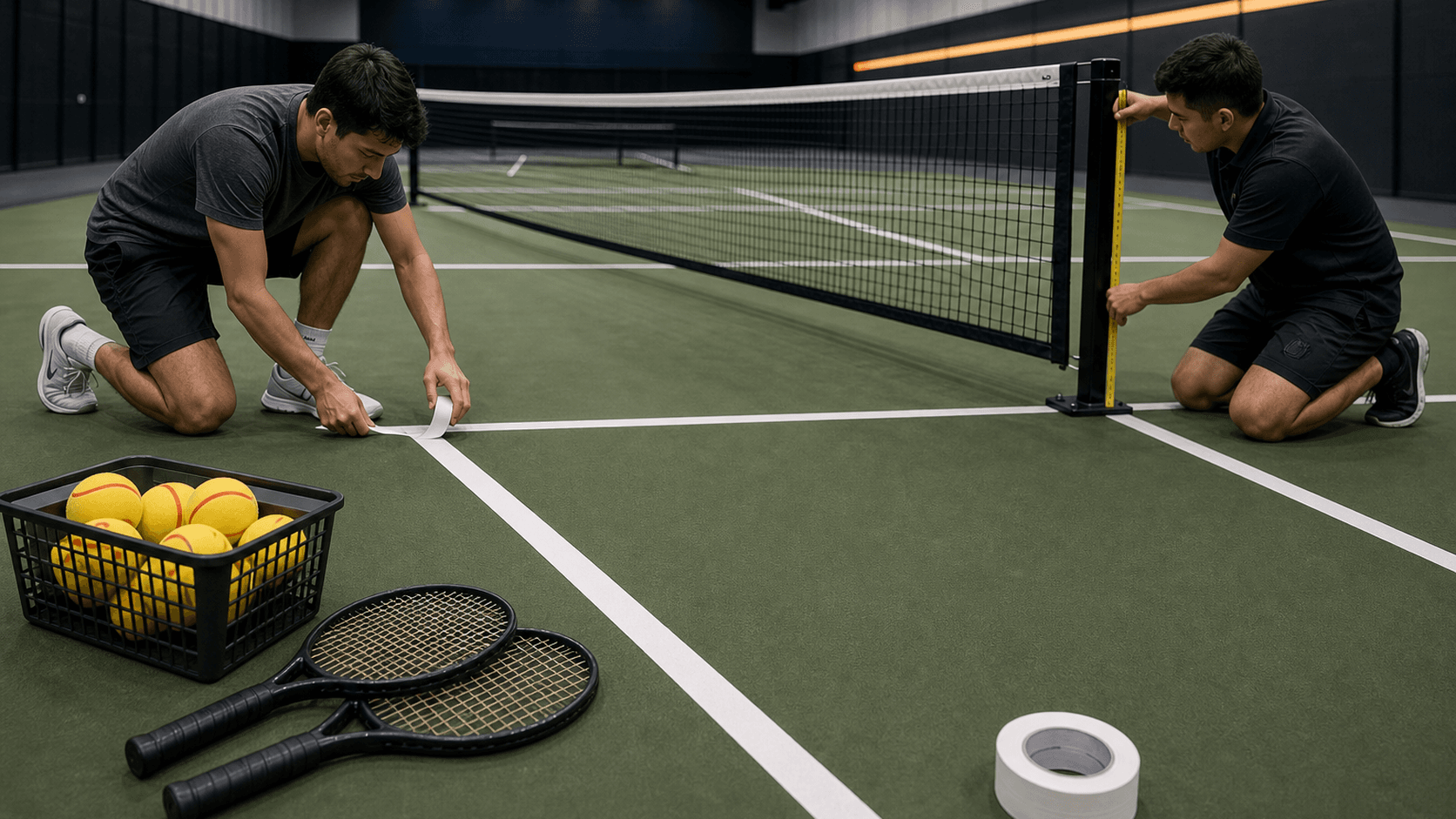 A player sets up the net and a basket of foam balls on a compact TYPTI court before play.