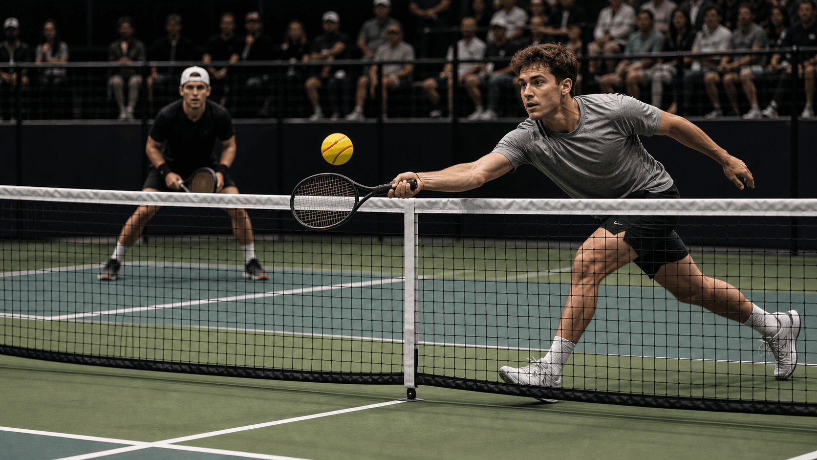A TYPTI player lunges low at the net to take a rebounding yellow foam ball.