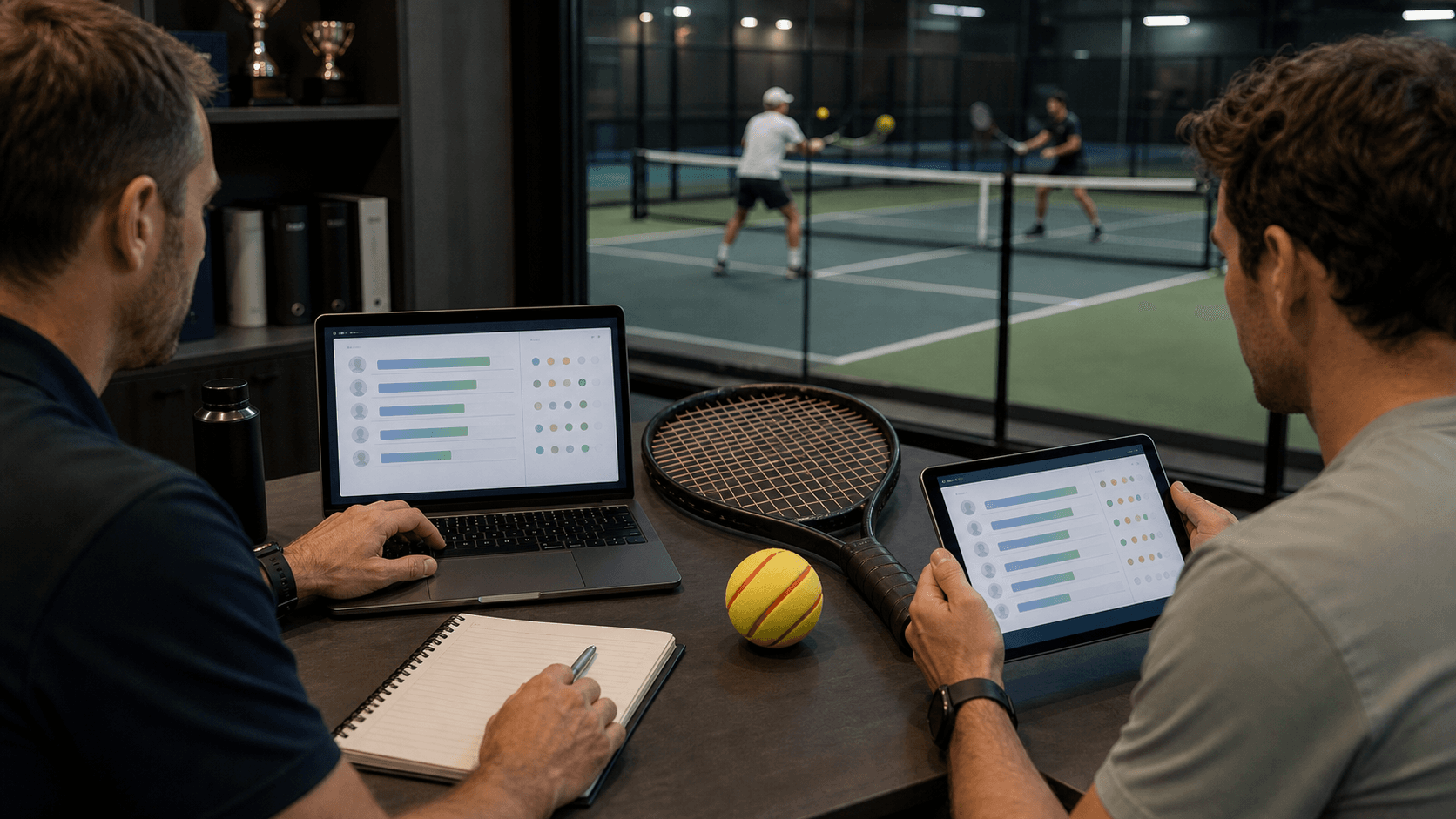 Two players review ranking points on a tablet at the side of the court after a match.