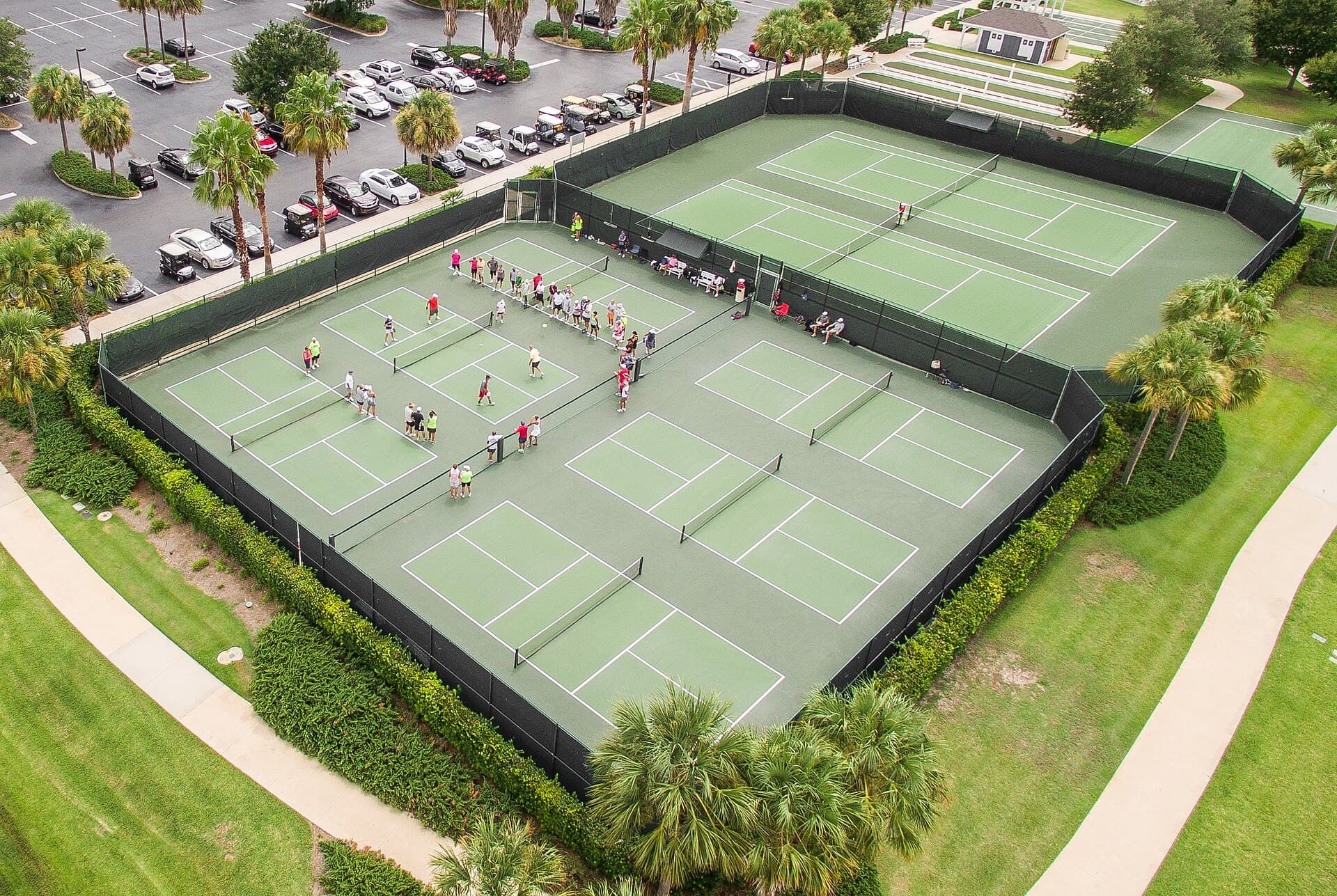 Aerial view of green pickleball courts — the 20×44 court footprint TYPTI is played on.